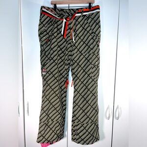 SECTION snow pants, olive green w/ white and tan dots, orange & pink accents, XL